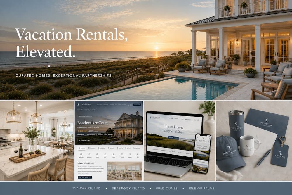 "Southline Collection brand collage — coastal home, website, and branded merchandise